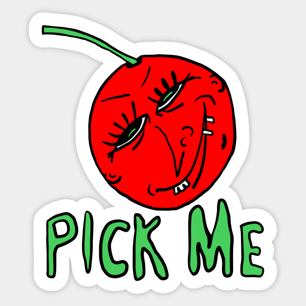 “Pick Me” Cartoon Anthropomorphic Cherry by Kenneth Joyner Sticker by KennethJoyner